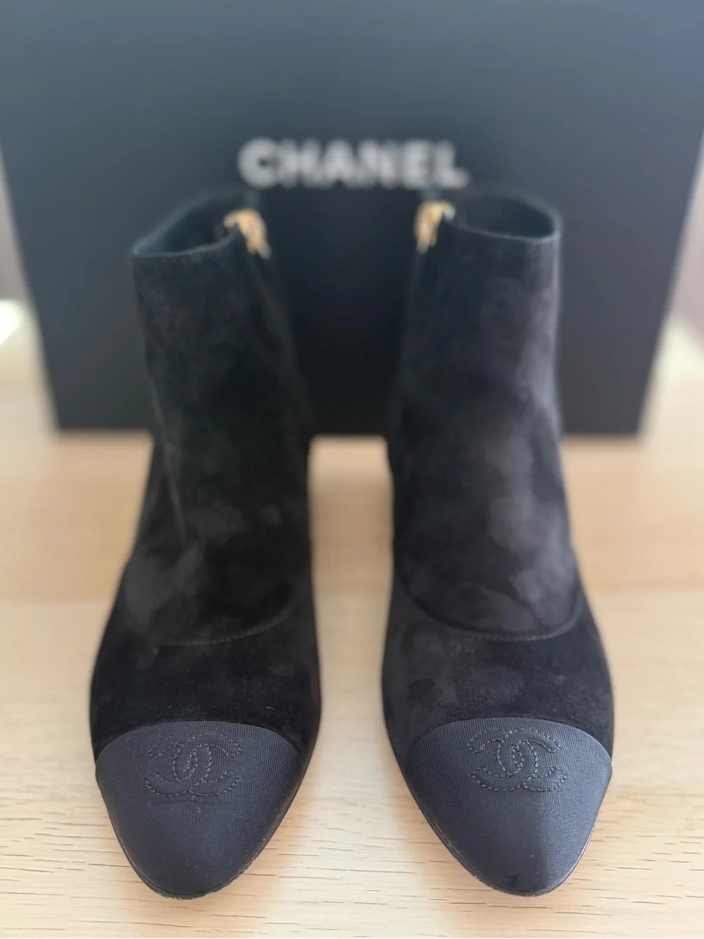 CHANEL Black Suede Pearl Heel Ankle Boots